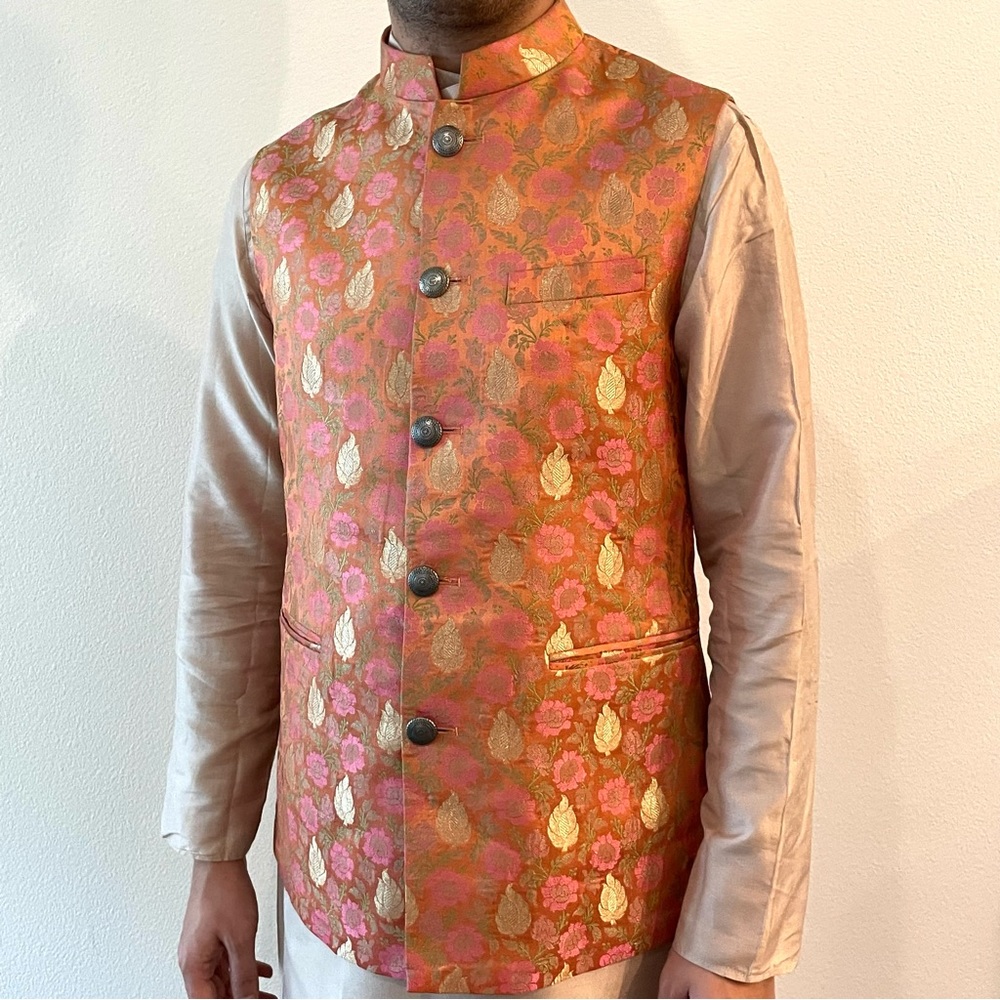 Men’s Salmon color Waistcoat Nehru Jacket ( with green pocket square free)